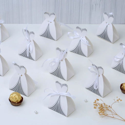 50 Pcs Bride style shaped candy Folding Storage Box with 50 ribbons for Return Gift , Birthday, Valentine's Day - Cardboard Boxes with Ribbon, Perfect for Packing Chocolate, Dry Fruits, and Invitations (White)