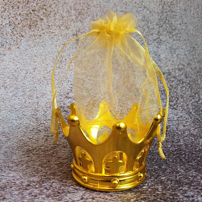 Crown Style Golden Decorative Net Potli Storage Basket for Gift, Chocolates Dry Fruits Packing, Pouches, Shagun, Wedding Gift, return gift, Return Gift, Decoration Item (Gold, Acrylic)