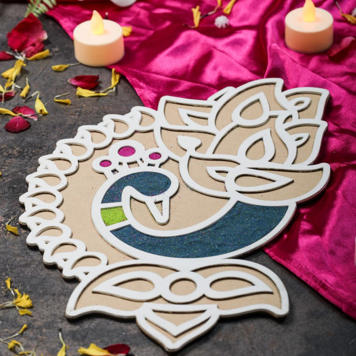 3 PCS MDF Rangoli Mat with Wooden Base. Easy to Use. Just Fill It Up with Rangoli,Flowers,Pulses Inland Rangoli Stencils Border for Floor Home Diwali Decoration DIY (Peacock Pack of 3)