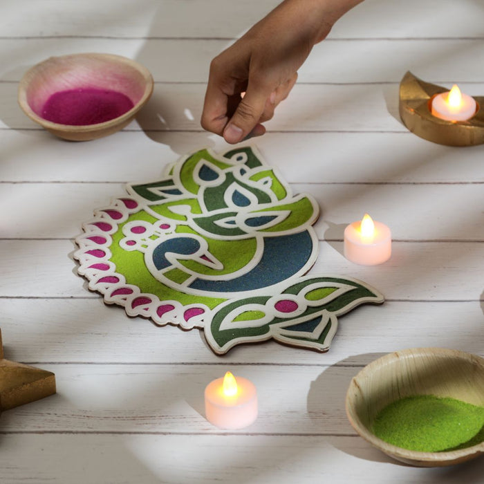 3 PCS MDF Rangoli Mat with Wooden Base. Easy to Use. Just Fill It Up with Rangoli,Flowers,Pulses Inland Rangoli Stencils Border for Floor Home Diwali Decoration DIY (Peacock Pack of 3)