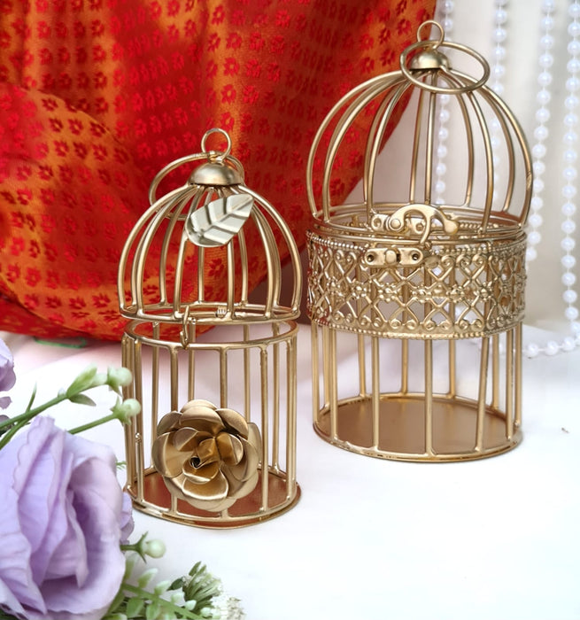 2 Pieces (Big+small) of Bronze Bird Cages for Decorative Wedding Invitation Tray, Candle Holder, Gifts Collection, Reception Ceremony, Wall Hanging,Gardens, Bedroom,Events,Birthday Decoration(Set Of 2) (1 big & 1 Small Metal cage)