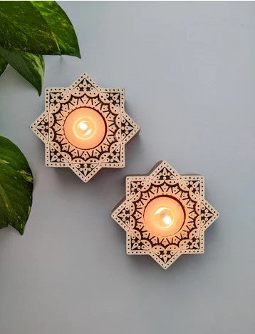 2 Pcs Wooden Candle Holder with 2 wax Candles, Floor Decoration Reusable for Puja Diwali Decor Tealight Candle Holder Diya for Pooja.