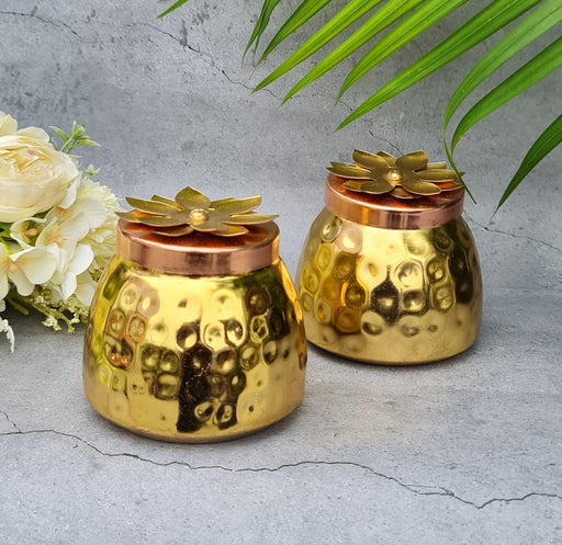 Pack of 2 Metal Polished Alloy Container With Lid Brass Finish Design for Chocolates Dry Fruits.(Golden)