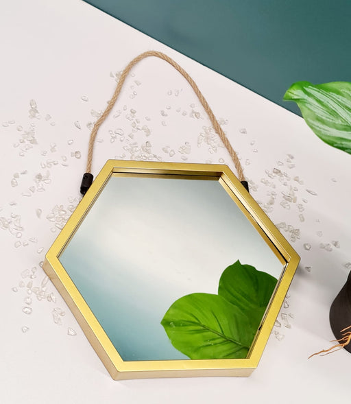 1 Pc Hexagone Shaped Fiber Wall Mirror with Jute Hanging Frame for Home Decor, Hanging in Bedroom, Living Room with Hook for Hanging for Decor.