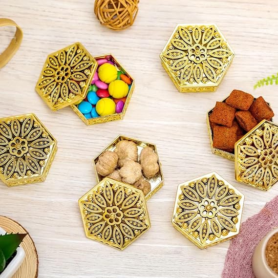 Hexagon Shape Golden Decorative Box ForMini Storage, Gift Box, Ring Jewellery, Candy Storage Container Case DIY, Wedding Gift,Return Gift, Christmas Decoration Items (Golden Boxes)