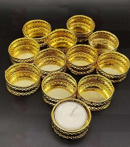 Metal Tealight Candle Holder Round Stands for Pooja thali, Diwali Rangoli puja Room Decor, Events, Home, Living Room, Office Table, Navratri, Diwali Decoration Events (Golden)