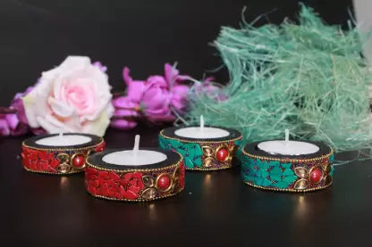 6 Pcs Lac Material Candle Holder with 6 wax candle, Floor Decoration Reusable for Puja, Diwali Decor.(2 inch)
