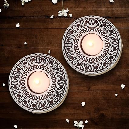 2 Pcs Wooden Candle Holder with 2 wax Candles, Floor Decoration Reusable for Puja Decor Tealight Candle Holder Diya for Pooja.