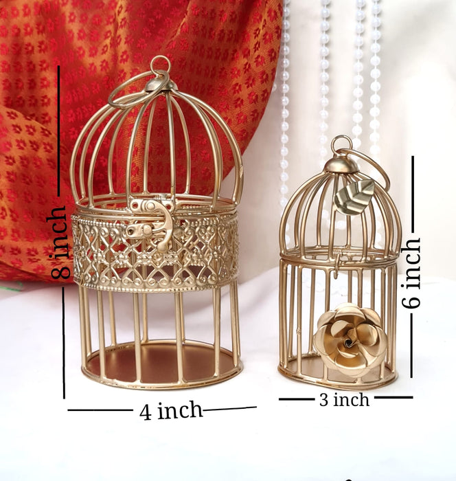 2 Pieces (Big+small) of Bronze Bird Cages for Decorative Wedding Invitation Tray, Candle Holder, Gifts Collection, Reception Ceremony, Wall Hanging,Gardens, Bedroom,Events,Birthday Decoration(Set Of 2) (1 big & 1 Small Metal cage)