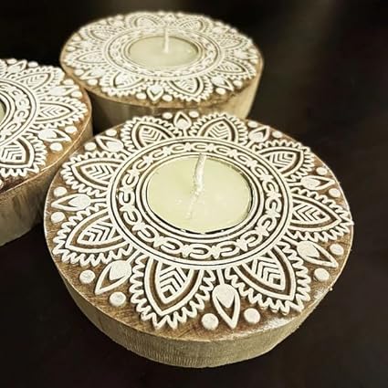 2 Pcs Wooden Candle Holder with 2 wax candle, Floor Decoration Reusable for Puja Decor Tealight Candle Holder Diya for Pooja decor.