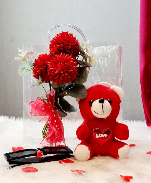 1 Set Romantic Valentine's Gift Hamper-Transparent Bag, Teddy, Ballflower bunch Sunglasses For your soulmate, Boyfriend-Girlfriend, Wife-Husband for valentine's Day,Birthday.
