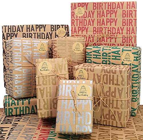 10 Pcs HAPPY BIRTHDAY Theme Printed Gift Wrapping Paper for Birthday Gifts and DIY (Pack of 10 Sheets,Brown)