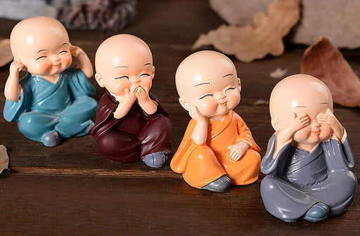 4 Pcs Monk Buddha Miniature Showpiece Set Monks Figurine Statue, Cute Little Monks Statue Wealth Lucky Figurine Unique Gift, Don't Think, Don't Look, Don't Say, Don't Listen Decoration For Home (4 Piece, Cute Buddha Set)