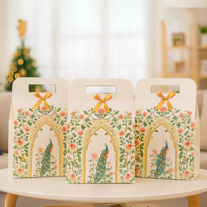 5 Pcs Shahi Dibba Foldable Peacock Hamper Boxes with Ribbon | Premium Gift Packaging for Diwali, Weddings & Special Occasions