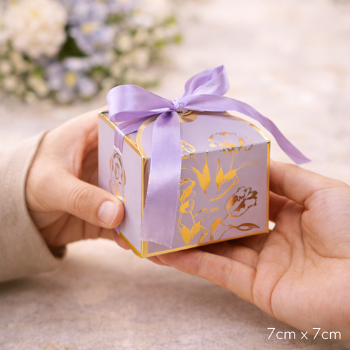 Small Size Square Shape Decorative Folding Storage Box With Ribbon for Return Gift, Birthday, Boxes, Occasions, Perfect for Packing Chocolate, Dry Fruits (Purple)