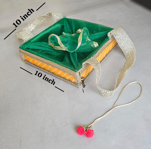 Square Decorative  lehriya Hamper Tray Basket with Net Potli Cover & Handles, 10 x 10 x 3 Inch Gift Basket Box for Wedding, Engagement, Return Gifts, Dry Fruits, Festive Packaging & Trousseau Packing