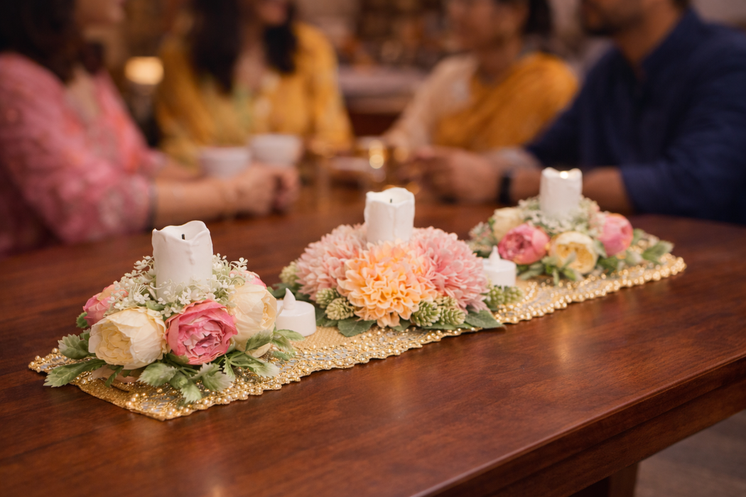 Artificial Flower Center Table Runner Candle Holders with LED candle for Center Table Decor, LED Tealight Candle with Artificial Floral Arrangement, Home Decoration, Housewarming, Wedding, and Festive Decor