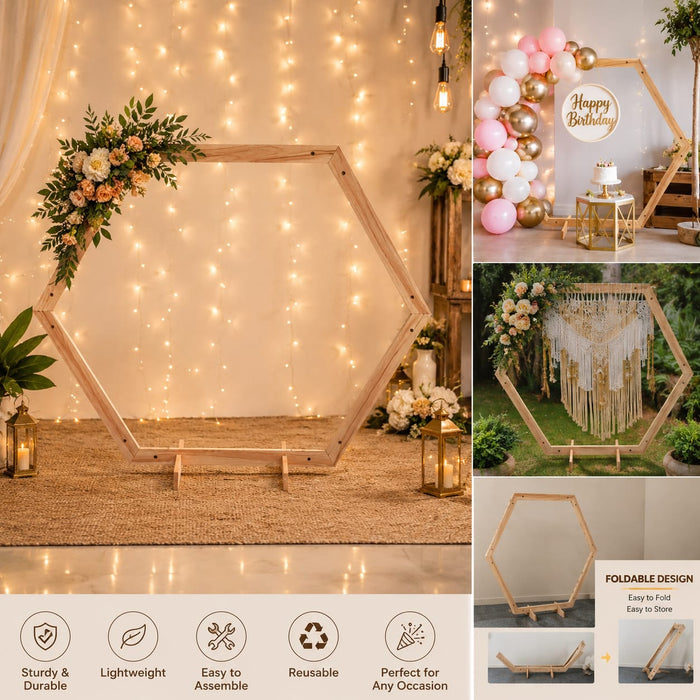 Premium Foldable Wooden Backdrop Stand | Available in Round, Hexagon & Arch Shapes | Elegant Event Decoration Frame