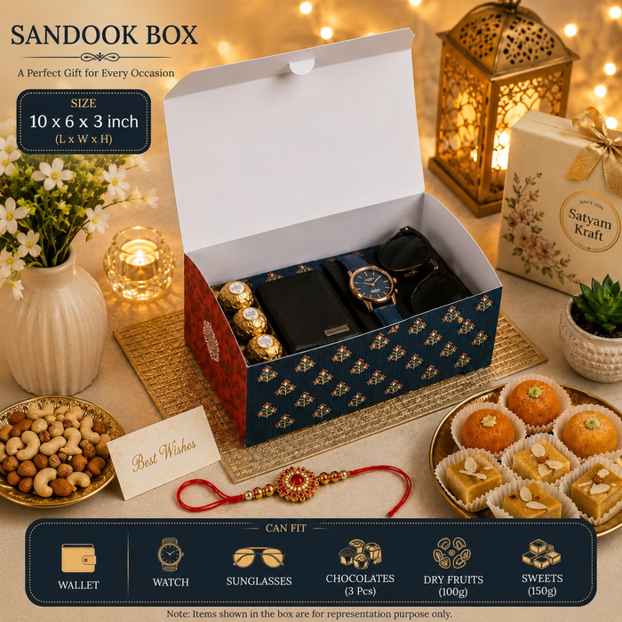 Royal Sandook Premium Printed Curved Gift Hamper Box with Handle | Luxury Festive Packaging Box for Raksha Bandhan, Diwali, Wedding & Return Gifts
