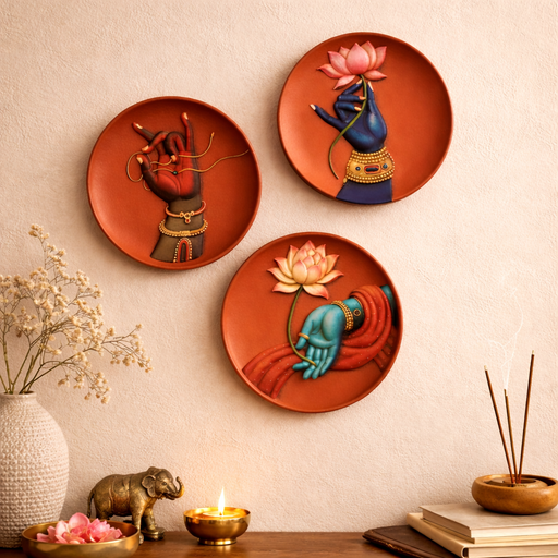 Terracotta Theme 3D Look Wall Décor Plate Set (NO NEED TO DRILL WALL) Just hang with free hook | DIY Kit with Abhla & Glue | Home, Pooja Room & Diwali Decoration, Gifting