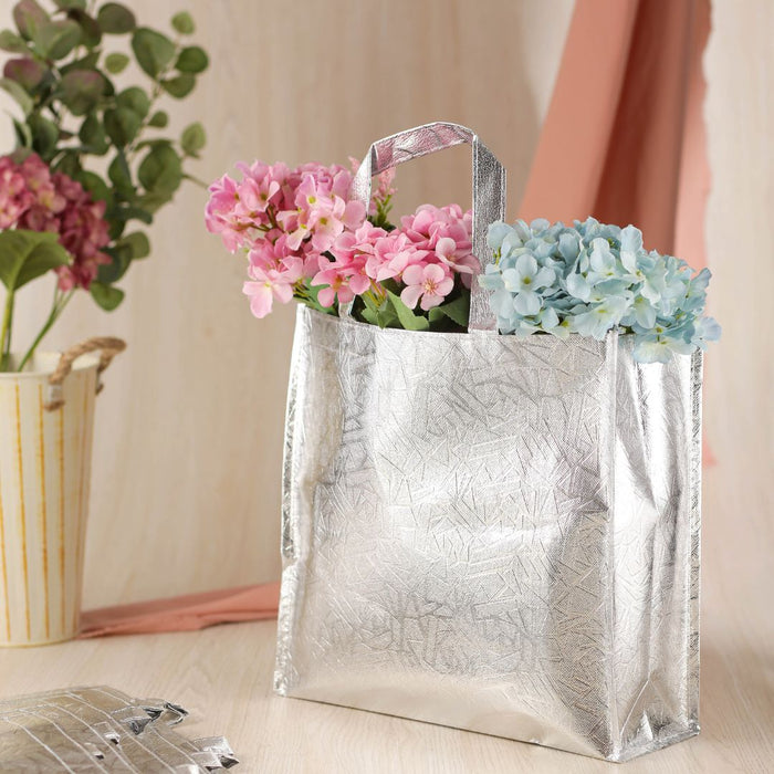 12 pcs Small Size Non Woven Fabric Bag With Handle 28 x 25 cm Gift Paper bag, Carry Bags, gift bag, gift for Birthday, gift for Festivals, Season's Greetings and other Events(Silver)(Pack of 12)