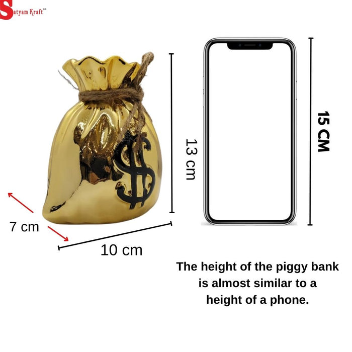SATYAM KRAFT 1 Piece Ceramic Dollar Potli Design Gullak : Piggy Bank for Rupees Savings - Coin Storage Tip Box Ideal for Kids and Adults - Money Kilona Pikibank ATM Coinbox Gulak (Pack of 1) (Silver)