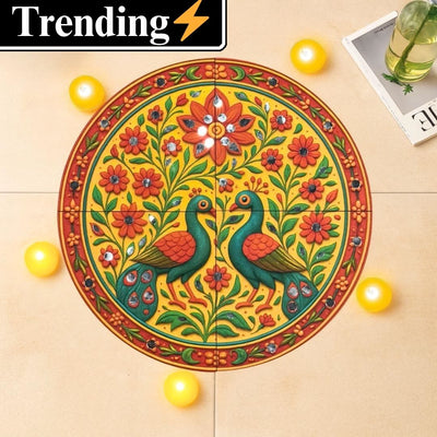 India’s First 3D DIY Rangoli Kit with Mirror Design | 17 Inch | Includes 5 Free LED Candles (Flower  Peacock)