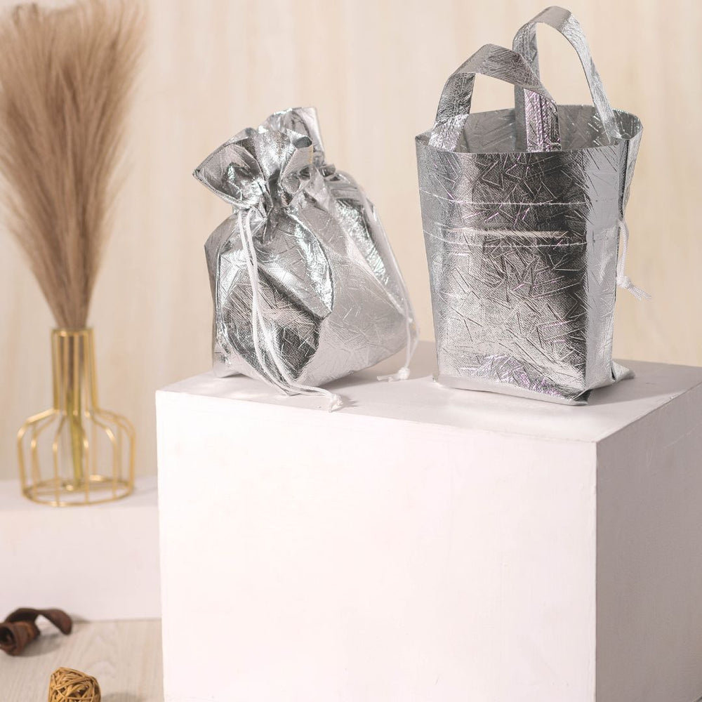 SATYAM KRAFT Non Woven Fabric Bag With Handle 23 * 22 cm Gift Non Woven bag, Carry Bags, gift bag for Birthday, Festivals, Season's Greeting, Diwali, Navratri(Silver)