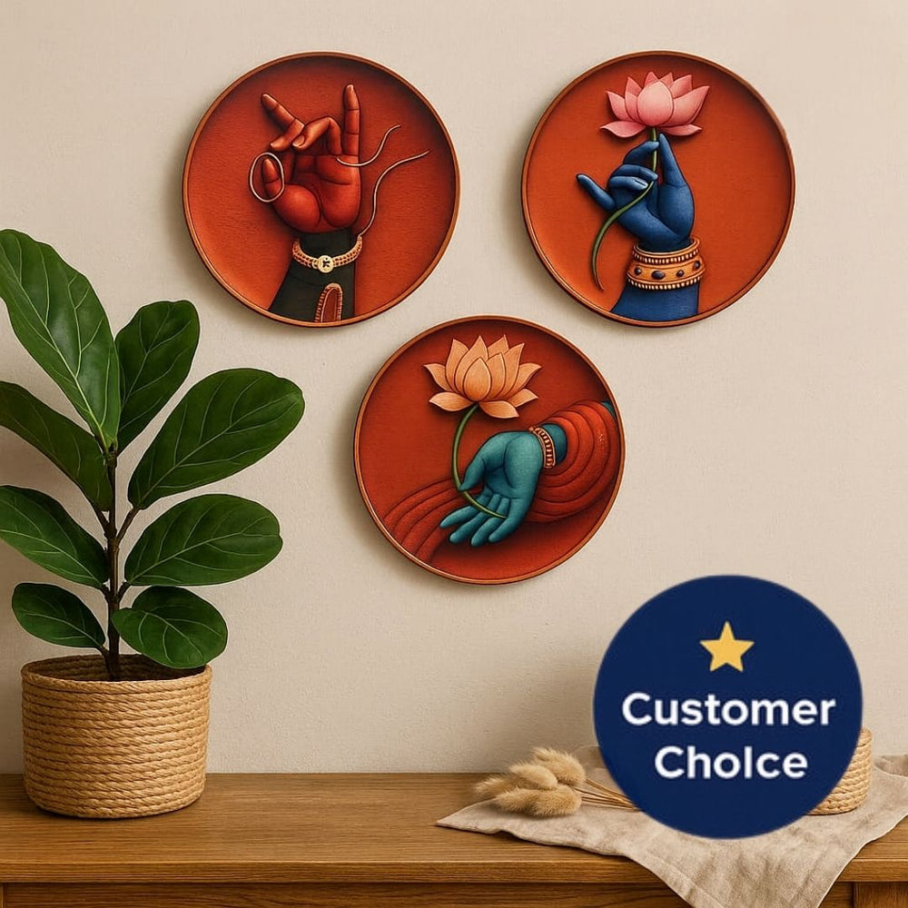 3 Pcs Terracotta Theme Wall Décor Plate Set | DIY Kit with Abhla & Glue | Home, Pooja Room & Diwali Decoration, Gifting