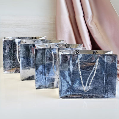 12 Pcs Small Size Shiny Paper Bag Gift Bags with Handle Gift Paper bag, gift For Gifting, marriage, Return Gifts, Birthday, Wedding, Party, Season's Greetings (Small, Silver)