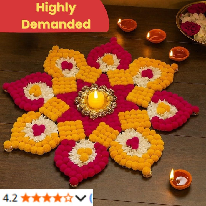 1 Piece Rajwadi Multi Colour Flower pompom Design Rangoli, Easy to Use. Just Set up with your own choice and make Rangoli for Floor Home Diwali Decoration DIY