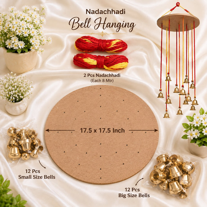 Nadachhadi / Mauli Thread ,Bell Decor DIY Kit With Round MDF  | DIY Hanging  Kit for Ganpati, Janmashtami, Navratri & Diwali Decoration