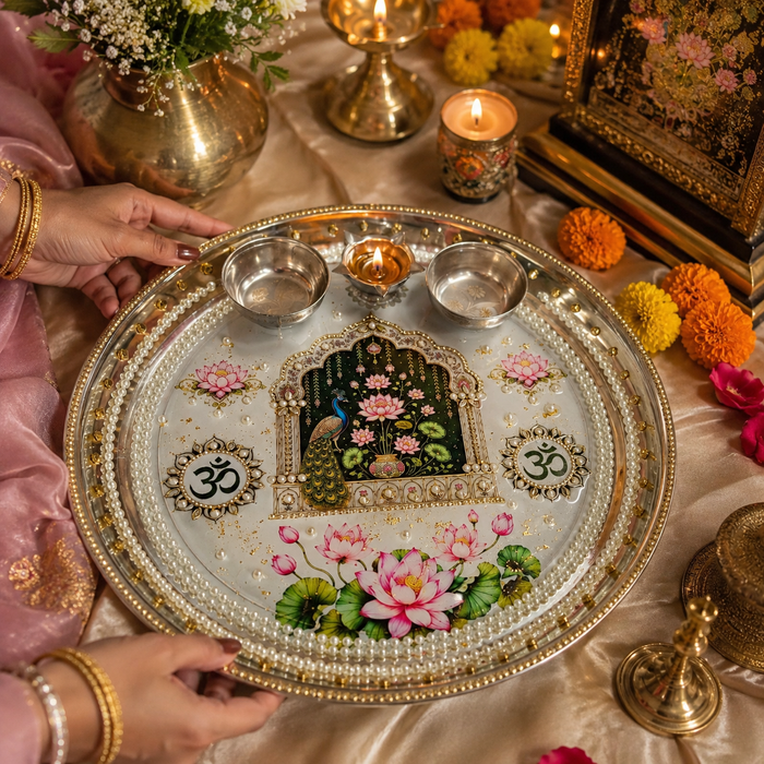 1 Pcs Premium Resin Art Pooja Thali  | Decorative Aarti Thali with Diya & Kumkum Bowls | Raksha Bandhan, Ganpati Aarti, Durga Pooja, Diwali, Navratri & Festive Pooja Plate