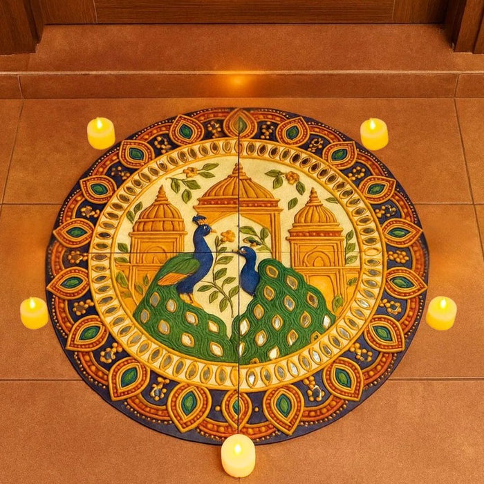 India’s First 3D DIY Rangoli Kit with Mirror Design | 17 Inch | Includes 5 Free LED Candles (Palace Peacock)