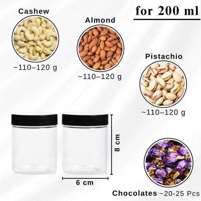 Black Lid Airtight Plastic PET Jar | 200ml & 300ml Food Grade Jars for Storage & Gifting
