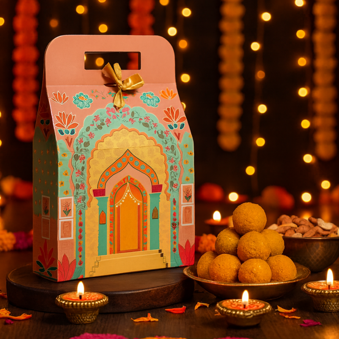 5 Pcs Affordable peach Rajwadi hamper Multipurpose Decorative Folding Paper Cardboard Box DIY Box for Gift Hamper, Diwali Gifting, Wedding gifing