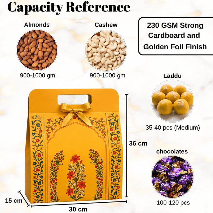 Yellow Rajawadi Gift Hamper Box with Ribbon | Premium Cardboard Gift Box for Dry Fruits, Sweets & Chocolates