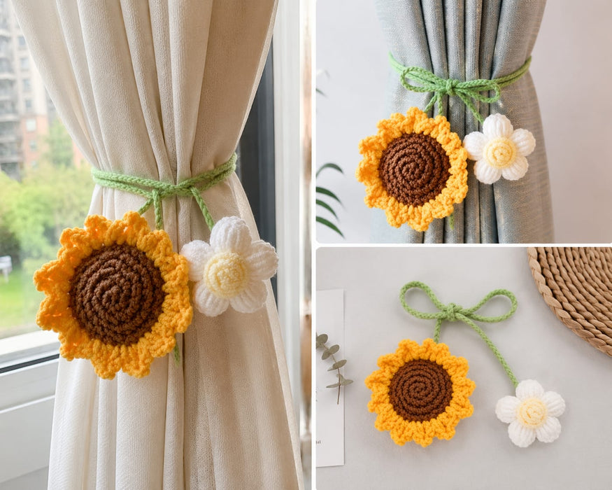 2 Pcs Artificial Sunflower Crochet Hanging Ornament for Home Decor | Handmade Sunflower Car Mirror Hanging Accessory | Crochet Flower Car Dashboard Decoration | Home, Window, Door