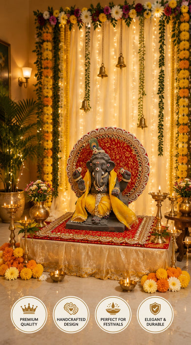 Premium Ganpati & Kanha Ji Singhasan Backdrop Set | Red Gold Finish Mirror Lace | square size 31×31 cm ,  Round Backdrop 31x31 cm  | Pooja Decoration