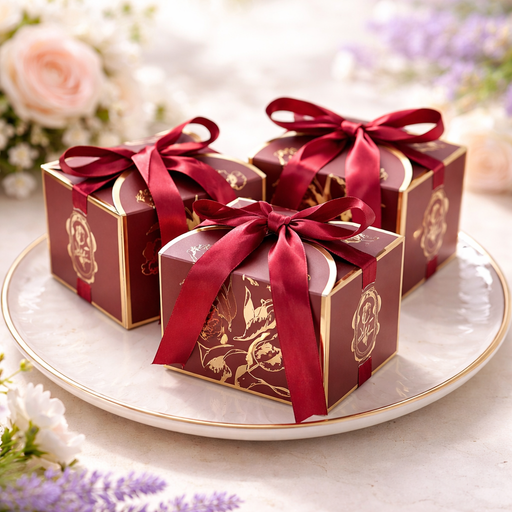 Small Size Square Shape Decorative Folding Storage Box With Ribbon for Return Gift, Birthday, Boxes, Occasions, Perfect for Packing Chocolate, Dry Fruits (Maroon)