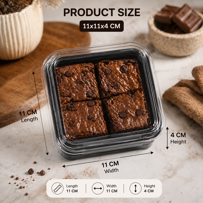 Disposable Square  Brownie Box Food Container with Lid 11×11×4 cm | Black Base Meal Box for Cakes, Brownies, Snacks & Takeaway Packaging