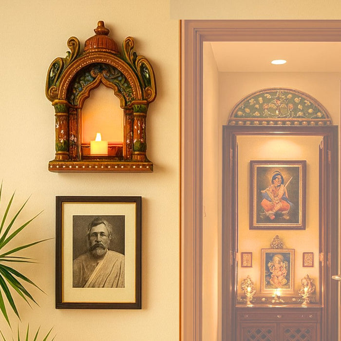 1 Pcs Handcrafted Jarukha Design Wooden Candle Holder –with FREE LED CANDLE with DIY KIT