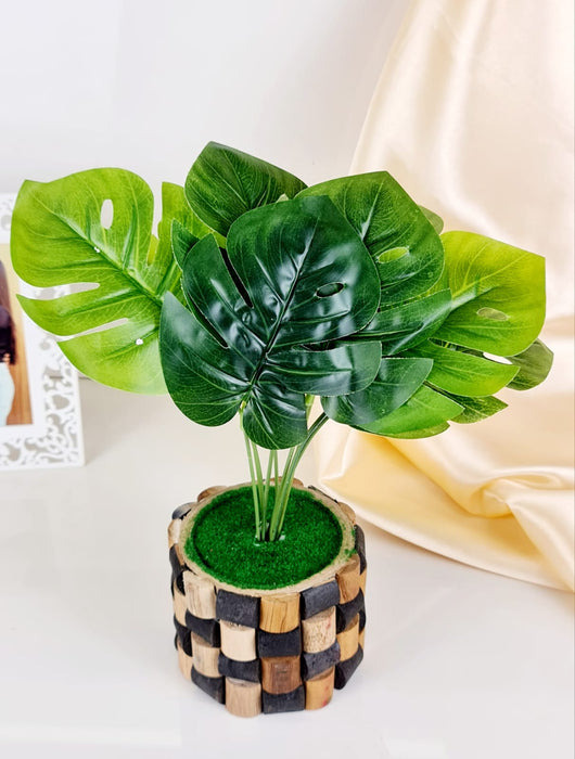1 Pcs Artificial Monstera Palm Leaves Flower with Aesthetic Pot, Faux Flower Plant for Home Decor, Gifting, Office Desk, Bedroom, Living Room Decorations, Showpiece, Table Top (Pack of 1)