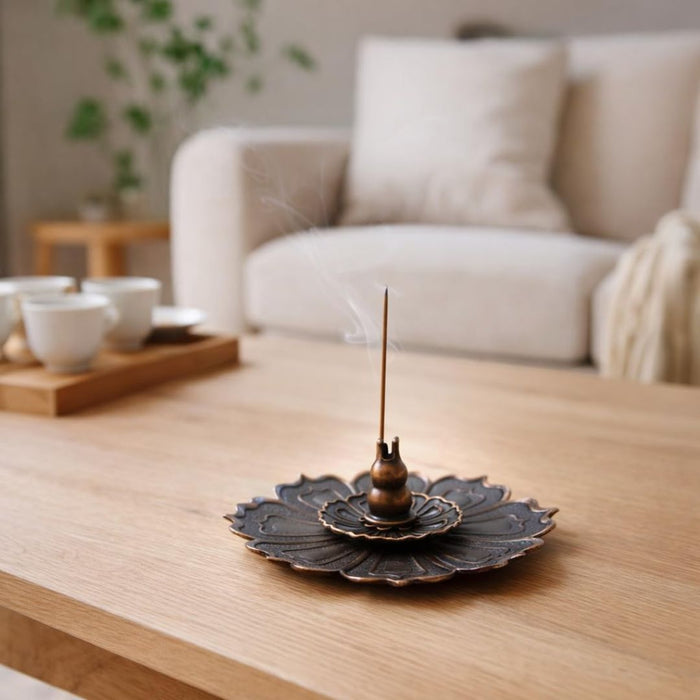 Lotus Flower Design Agarbatti Stand Incense Holder Ash Catcher Metal for Pooja, Office, Mandir,Shree Holi Pooja, Wedding & Many More Spiritual Events, Insence Burner (Bronze 2)