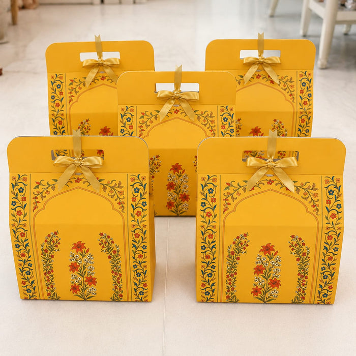 Yellow Rajawadi Gift Hamper Box with Ribbon | Premium Cardboard Gift Box for Dry Fruits, Sweets & Chocolates