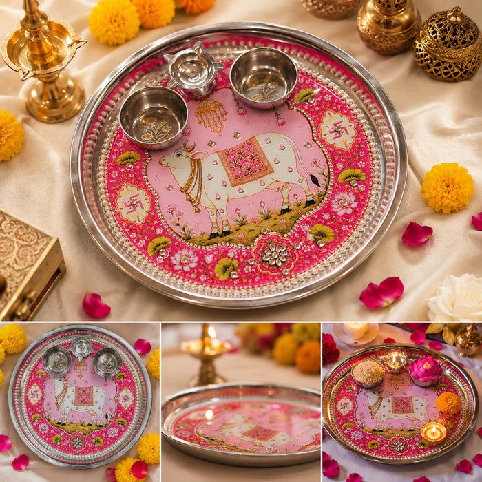 1 Pcs Premium Resin Art Pooja Thali  | Decorative Aarti Thali with Diya & Kumkum Bowls | Raksha Bandhan, Ganpati Aarti, Durga Pooja, Diwali, Navratri & Festive Pooja Plate