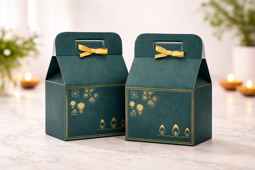 Bottle Green Diwali Hamper Boxes with Golden Embossed Print | Perfect for Diwali, Wedding & Party Gifting