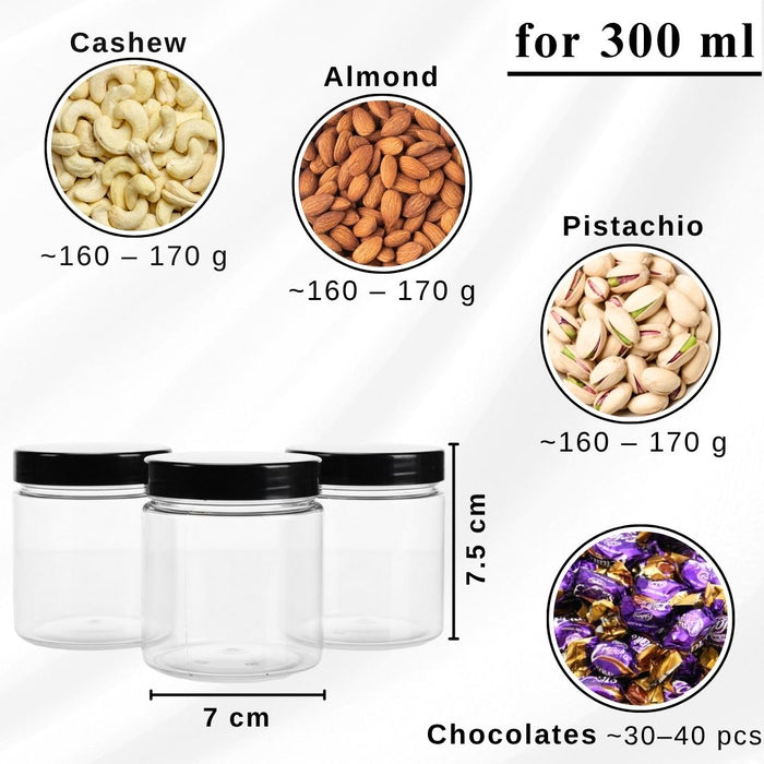 Black Lid Airtight Plastic PET Jar | 200ml & 300ml Food Grade Jars for Storage & Gifting
