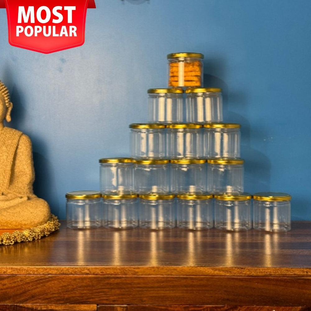 Plastic Transparent PET Storage Jars with Golden Lid | Airtight Containers for kitchen Storage, Dry Fruits, Chocolates, Sweets, & Gifting