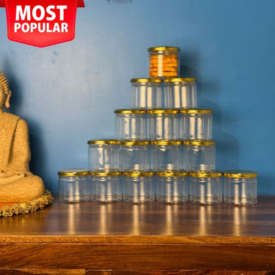 Plastic Transparent PET Storage Jars with Golden Lid | Airtight Containers for kitchen Storage, Dry Fruits, Chocolates, Sweets, & Gifting